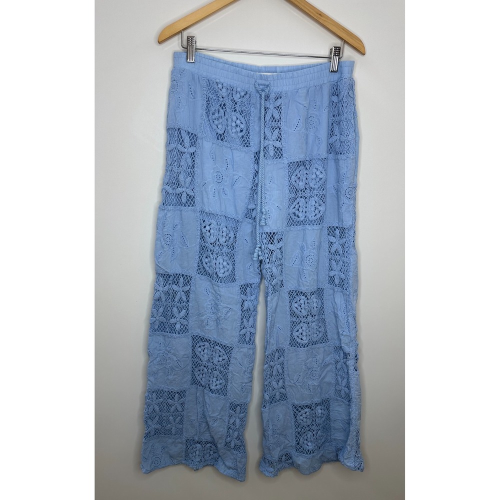 Altar'd State Hibiscus Patchwork Crochet Pants Light Blue Large Wide Leg Boho - Picture 2 of 12